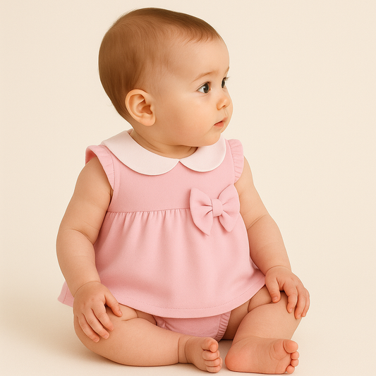 Baby Girl Two-Piece Top & Bloomer Set with Peter Pan Collar & Bow
