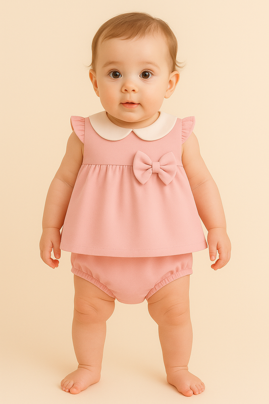 Baby Girl Two-Piece Top & Bloomer Set with Peter Pan Collar & Bow