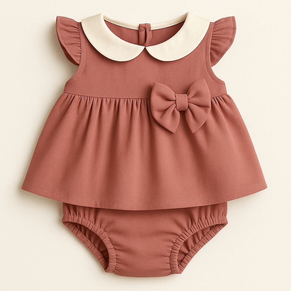 Baby Girl Two-Piece Top & Bloomer Set with Peter Pan Collar & Bow