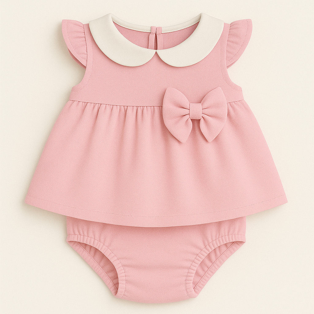 Baby Girl Two-Piece Top & Bloomer Set with Peter Pan Collar & Bow