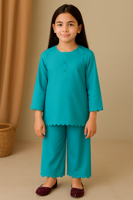 Girls’ Linen Cutwork Kurta & Trouser Set