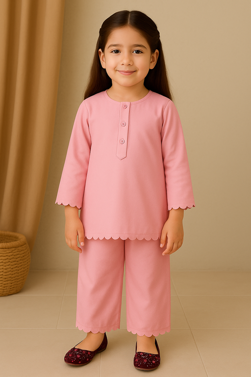 Girls’ Linen Cutwork Kurta & Trouser Set
