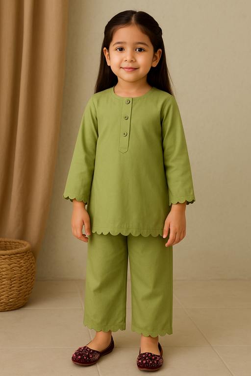Girls’ Linen Cutwork Kurta & Trouser Set