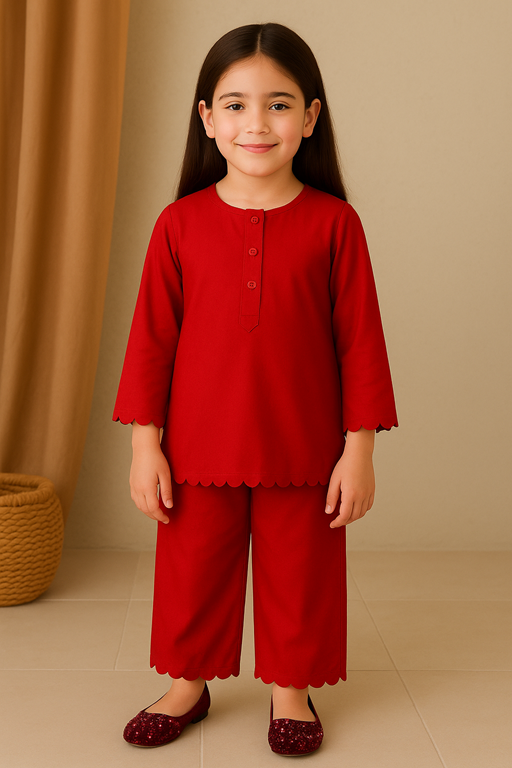 Girls’ Linen Cutwork Kurta & Trouser Set
