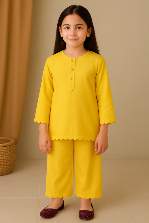 Girls’ Linen Cutwork Kurta & Trouser Set