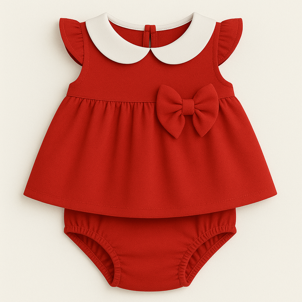 Baby Girl Two-Piece Top & Bloomer Set with Peter Pan Collar & Bow